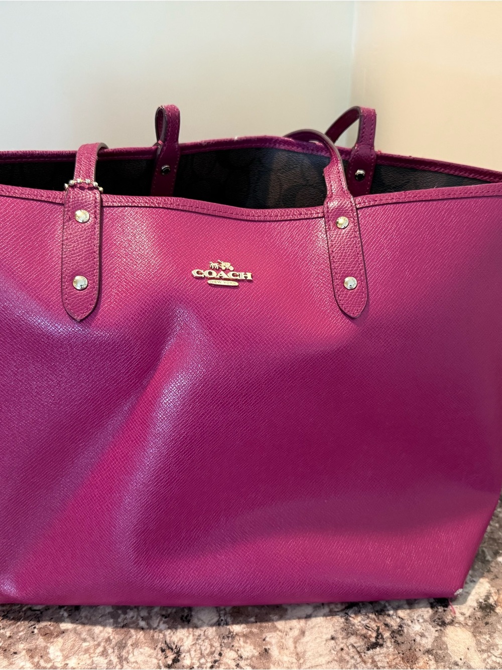 Coach Brown Signature Tote with Fuchsia Trim - Picture 2 of 4